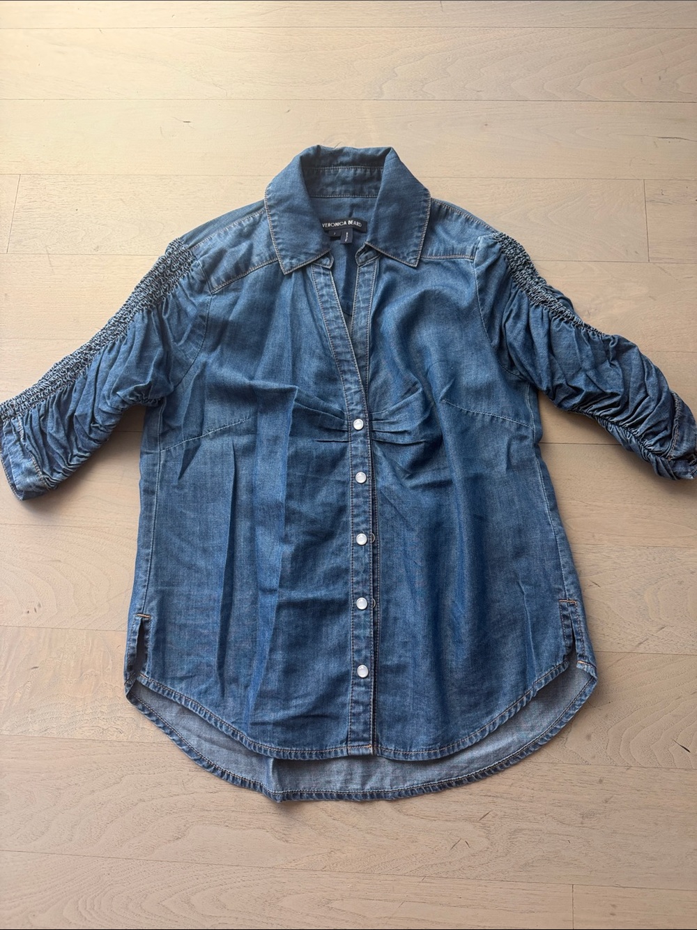 Veronica Beard Light Blue Gathered Short Sleeve Snap Front Denim Blouse
